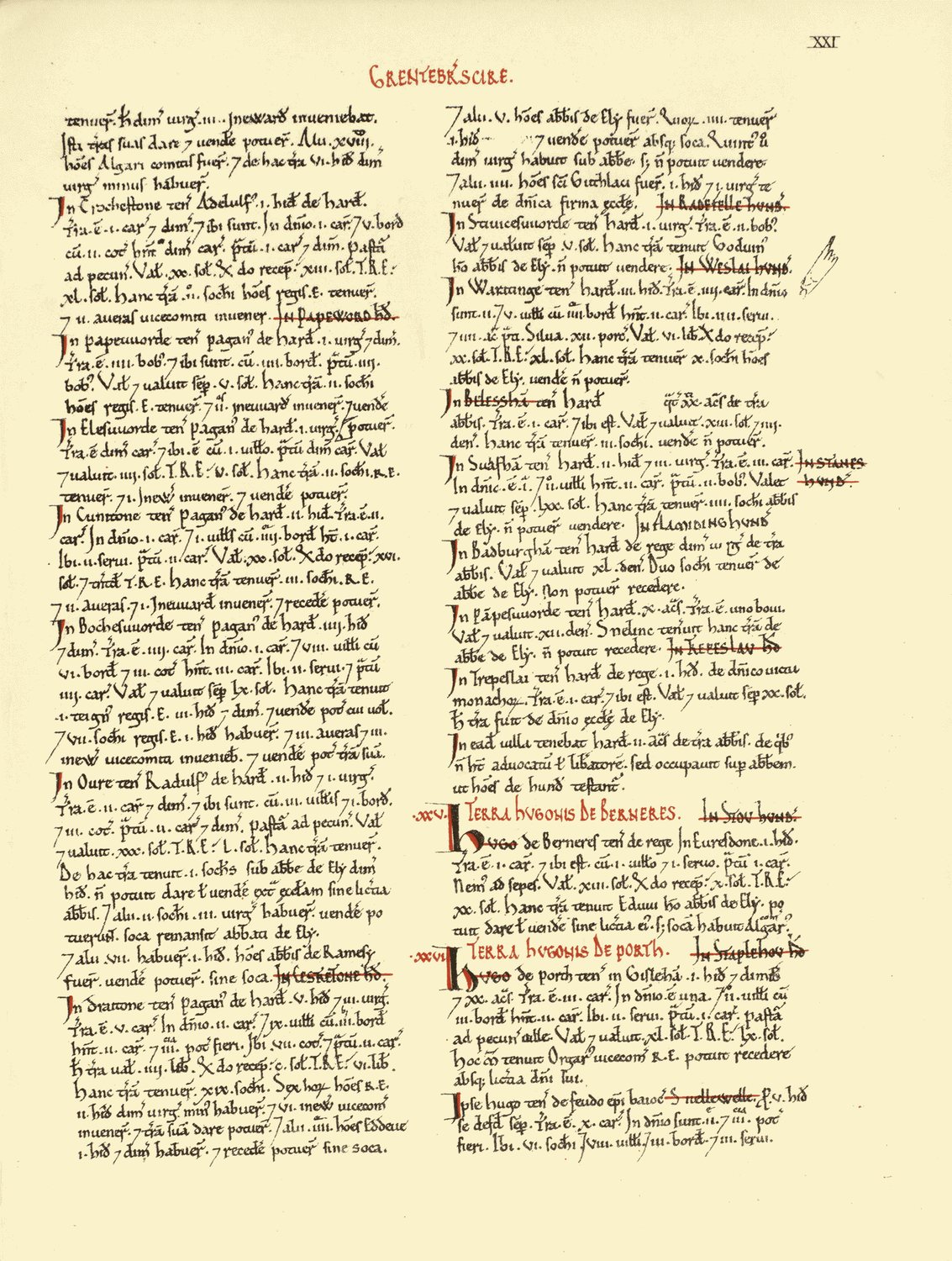 Manuscript page in two columns of medieval Latin with red headings, from the Domesday Book