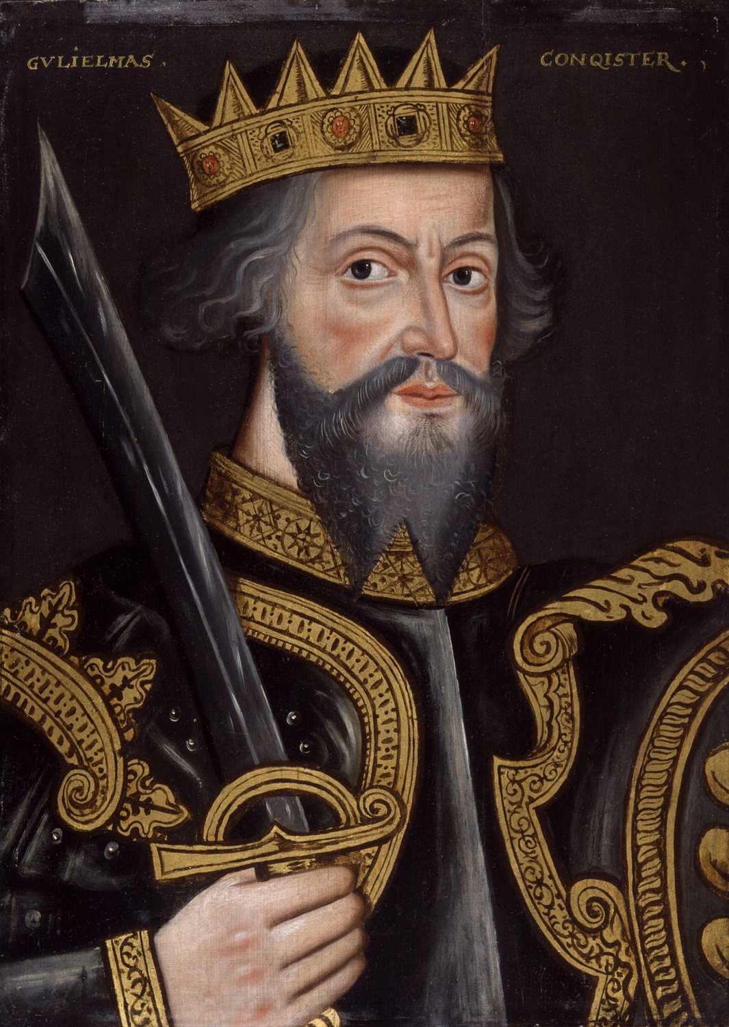 Painted portrait of a crowned, bearded king holding a sword, labelled Gulielmus Conquestor
