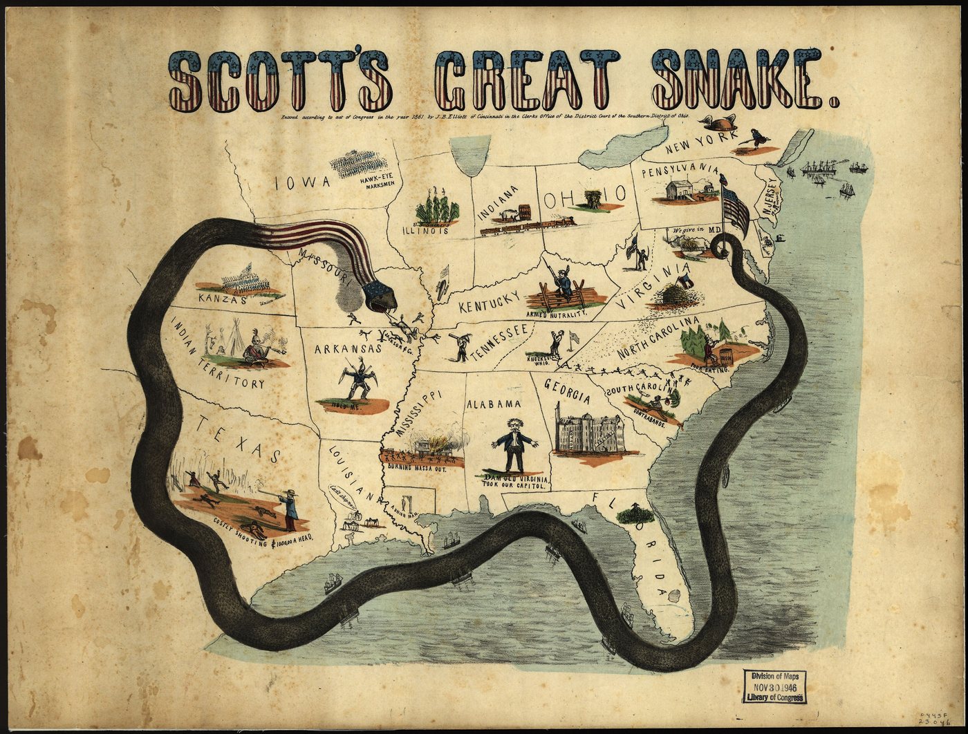 Cartoon map of the United States with a huge snake encircling the Southern states