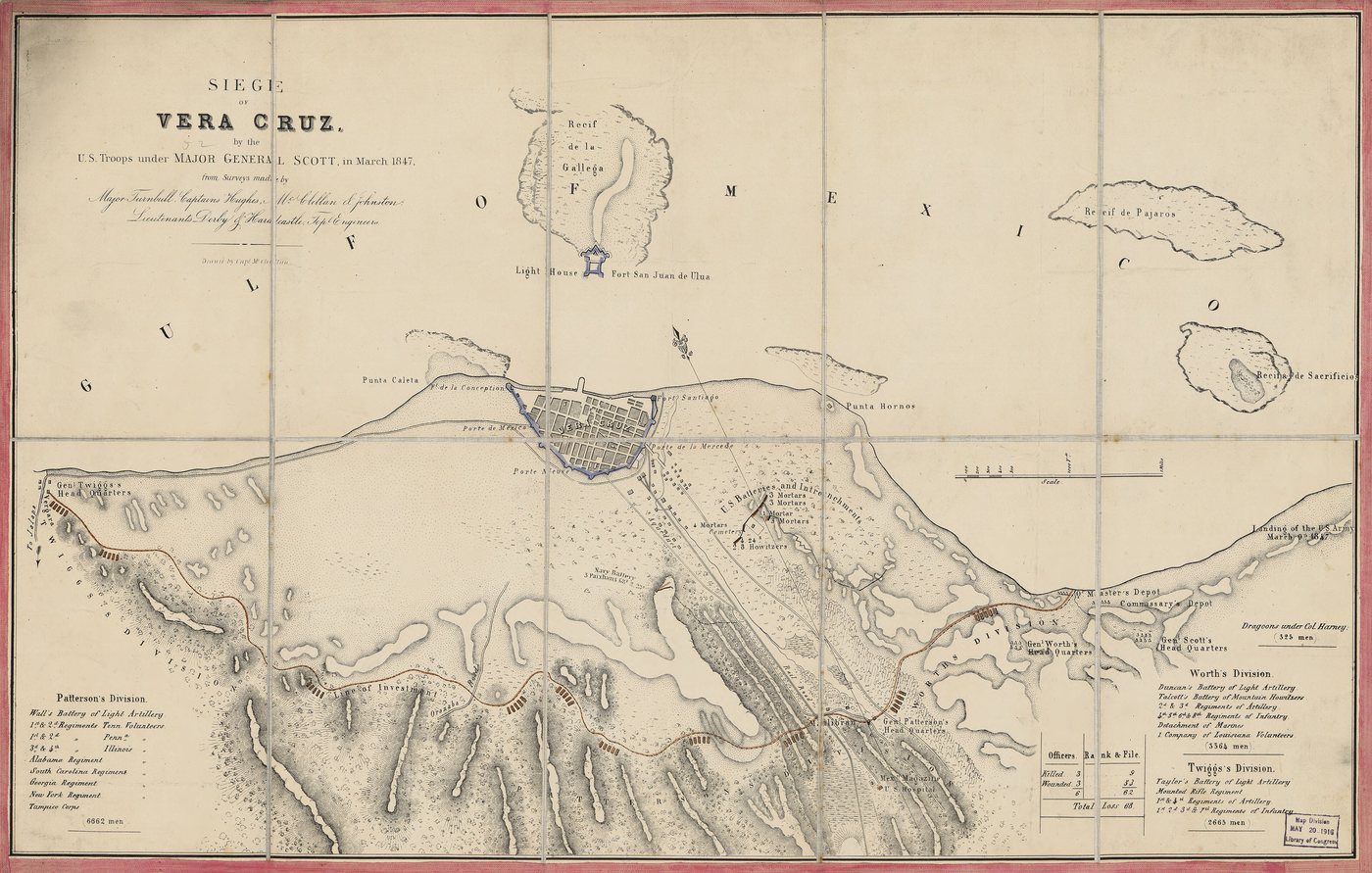 1847 map of the port of Vera Cruz with American siege lines and camps around the city