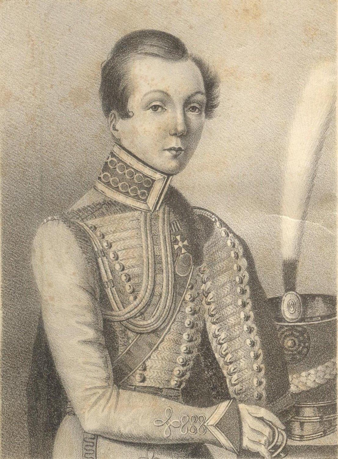 Lithograph portrait of Nadezhda Durova with short hair in a braided hussar jacket