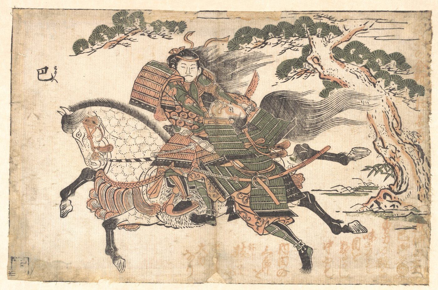 Japanese woodblock print of a mounted woman warrior overpowering an armoured rider