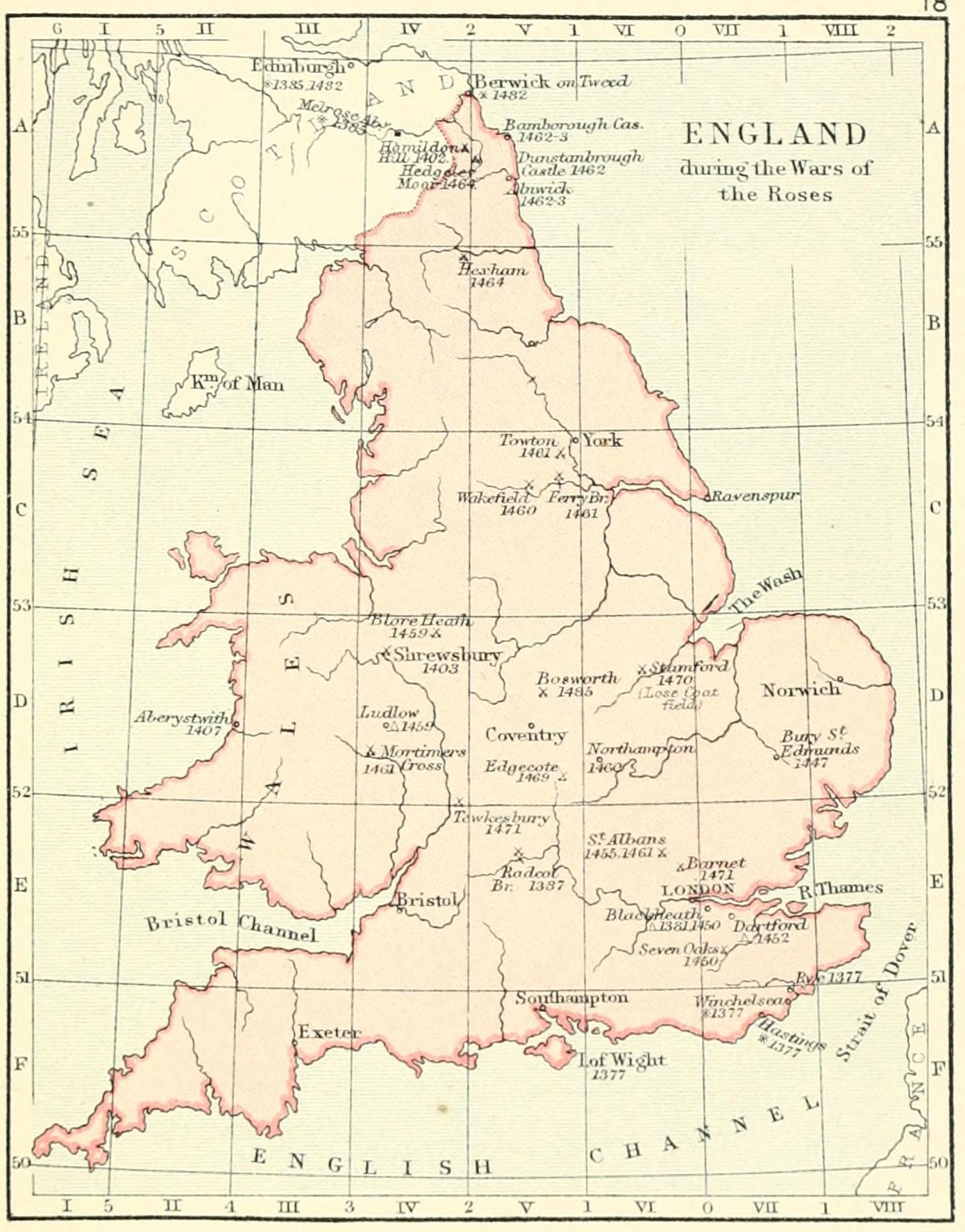 Barwna mapa z atlasu historycznego: Anglia i Walia na różowo, miejsca bitew oznaczone małymi skrzyżowanymi mieczami i datami, w lewym górnym rogu Szkocja i wyspa Man.