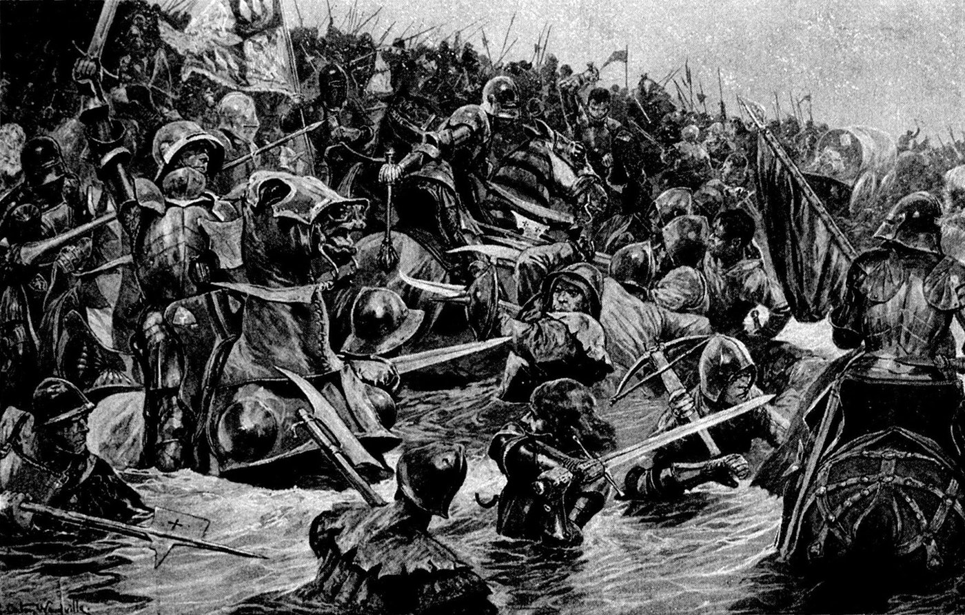 Czarno-biała ilustracja tłocznej średniowiecznej bitwy: żołnierze w hełmach i zbrojach walczą i padają w rzece, a za nimi trwa walka na brzegu.