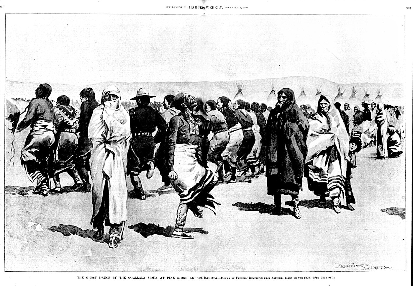 Black and white illustration of Lakota men and women dancing in a circle in front of tipis