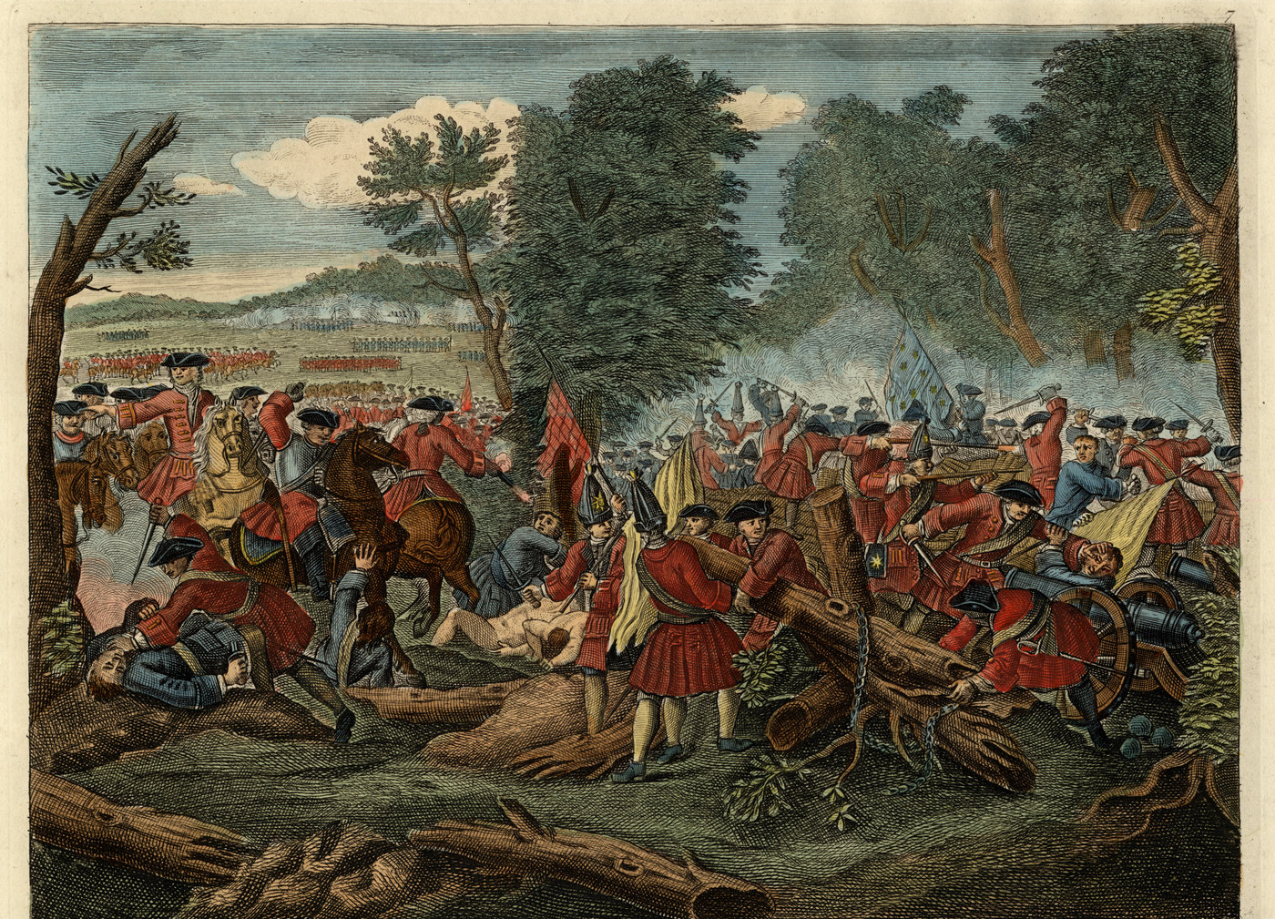 Hand-colored engraving of infantry in red coats storming a barricade of felled trees in a wood, with grenadiers in tall caps, a mounted officer, wounded men on the ground and a cannon on the right.