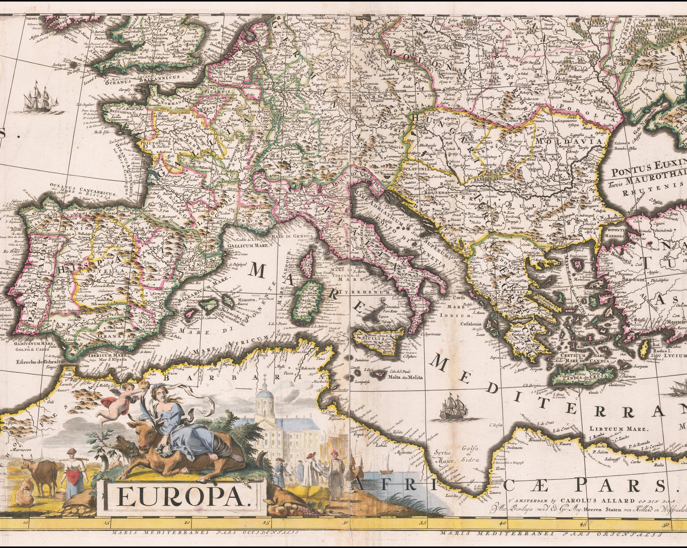 Hand-colored engraved map of western and southern Europe, with Spain and Portugal, France, Italy, the Alps and the Low Countries outlined in yellow, pink and green, the Mediterranean in the center, ships at sea and a decorative cartouche reading Europa at the bottom.