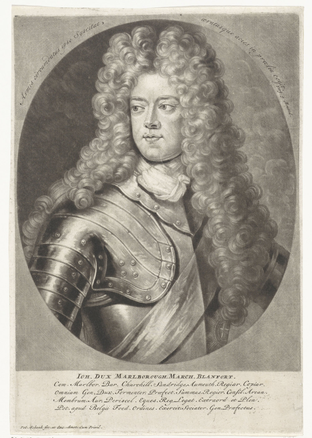 Mezzotint portrait in an oval frame of a man with a long curled wig, wearing armor and a sash, with a Latin inscription beneath.