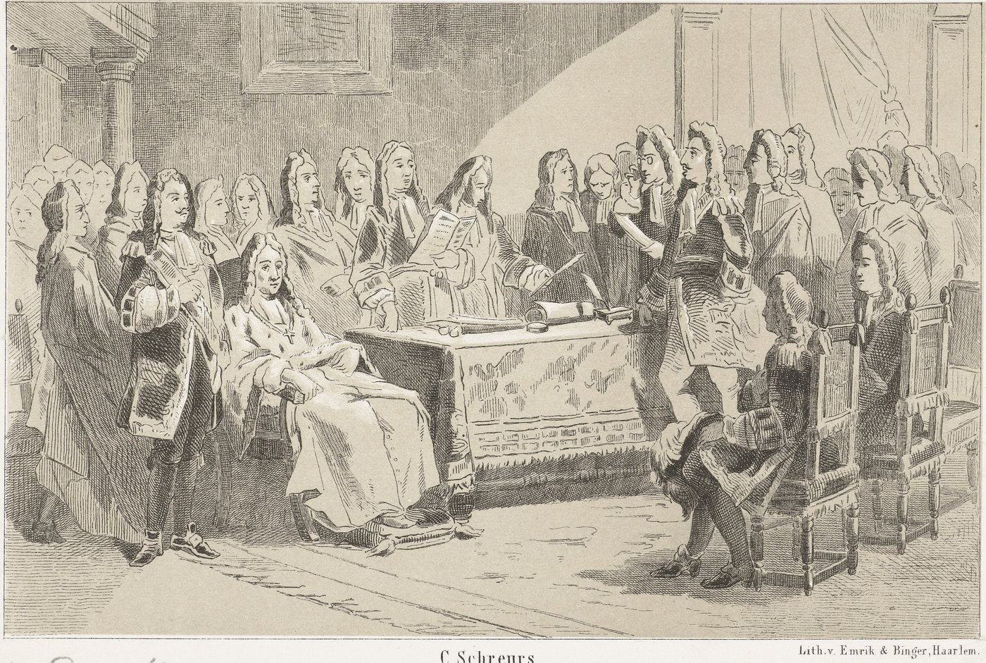 Lithograph of a crowded hall: men in long wigs and coats stand and sit around a draped table with documents, one reading from a paper.