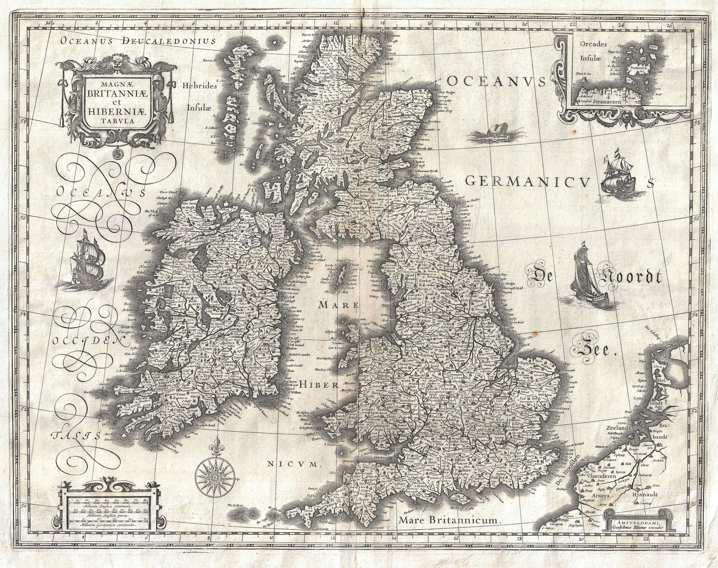 Engraved 17th-century map of Great Britain and Ireland with Latin titles, sailing ships, a compass rose and the coast of the Low Countries on the right.