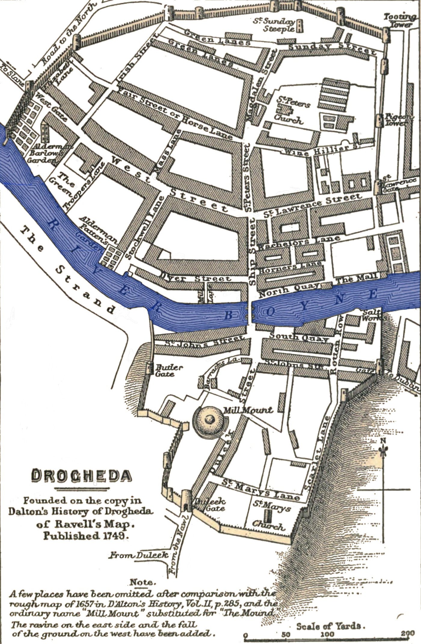 Colored town plan of Drogheda with the walled town on both banks of the River Boyne, the round Mill Mount, St Mary's Church by the Duleek Gate and a steep ravine on the east side.