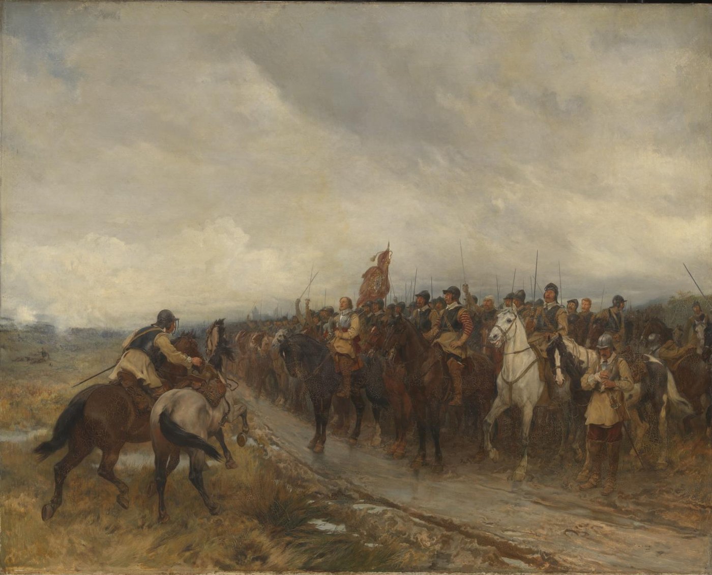 Painting of a column of cavalry in helmets and buff coats halted on a muddy road under a grey sky, with a standard raised and a rider galloping up from the left.