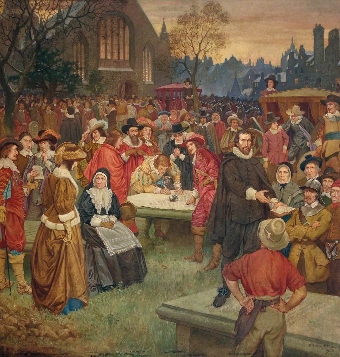 Crowded painting of a churchyard at dusk: men in 17th-century dress sign a large document on a flat gravestone while a preacher in black speaks to the crowd.