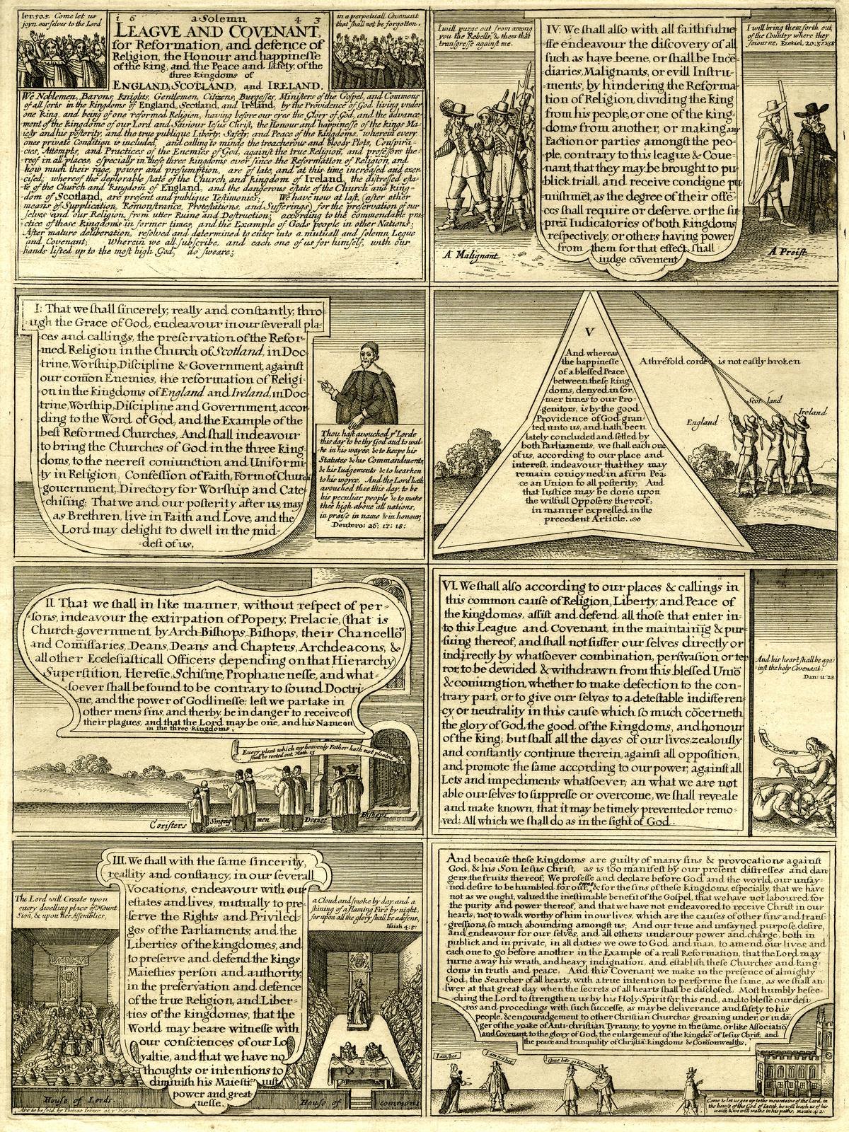 Engraved broadsheet divided into panels of text and small scenes; in one panel three men labelled England, Scotland and Ireland pull together on a triple cord.