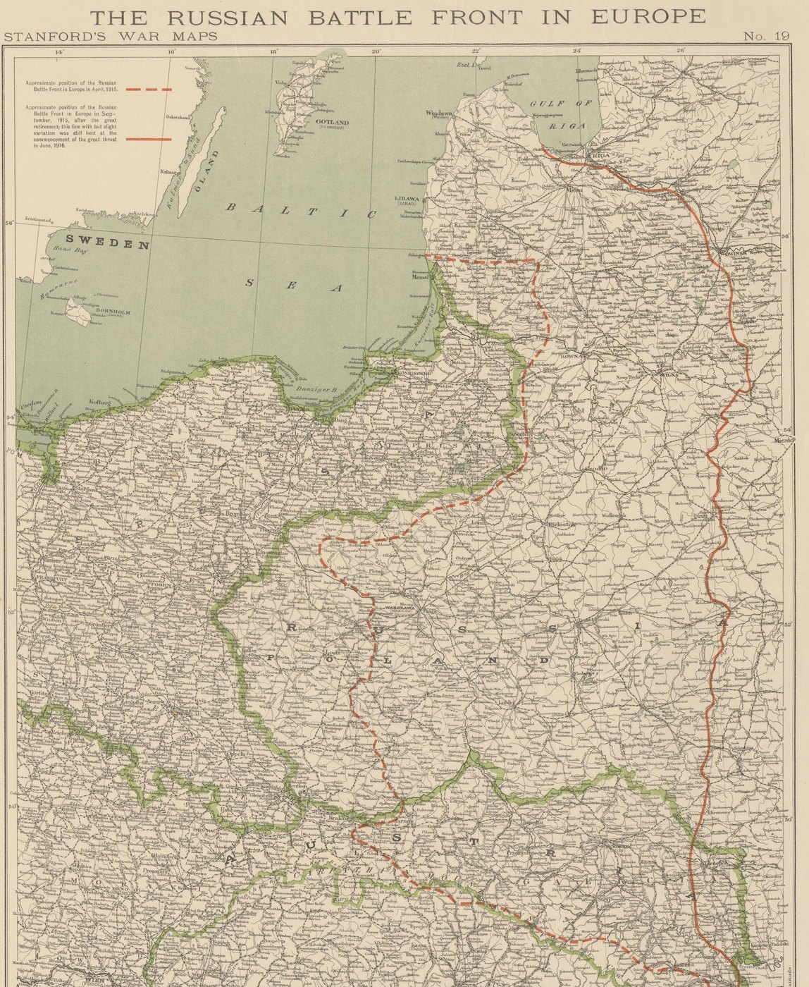Old color map of the Baltic Sea, East Prussia, Russian Poland, Galicia and western Russia, with a dashed red line marking the front in April 1915 and a solid red line marking it in September 1915, far to the east.