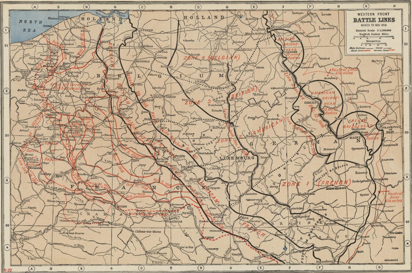 Old color map of Belgium, northern France, Luxembourg and western Germany with red lines marking the Allied and German battle lines between March and November 1918 and the Allied occupation zones on the Rhine.