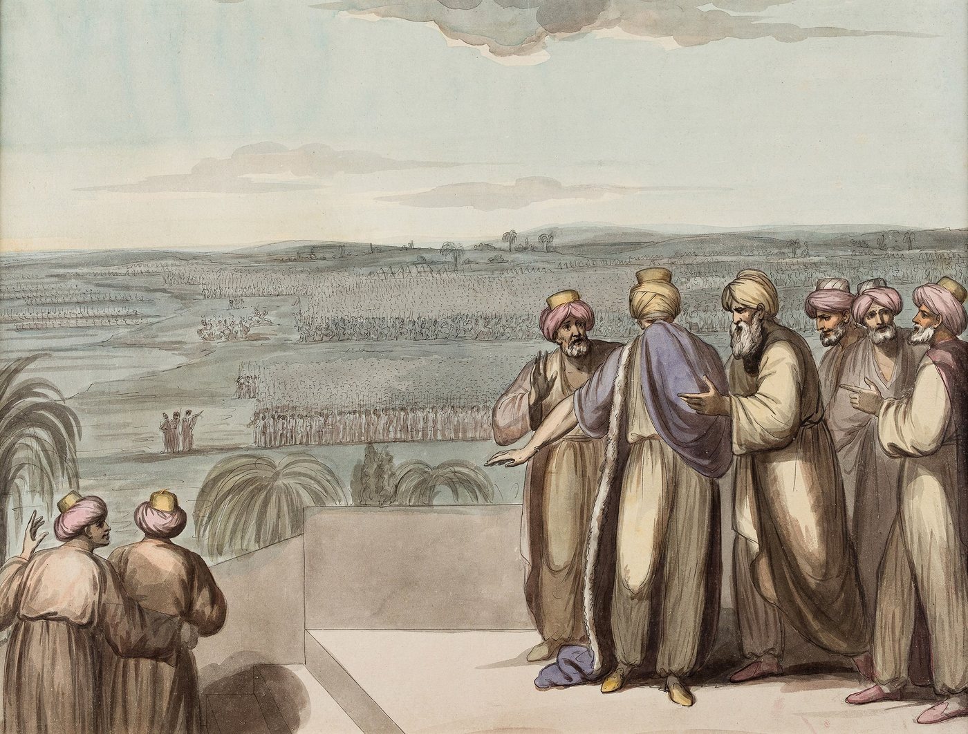 Watercolour of robed Persian courtiers on a terrace watching a vast army crossing a plain to the sea