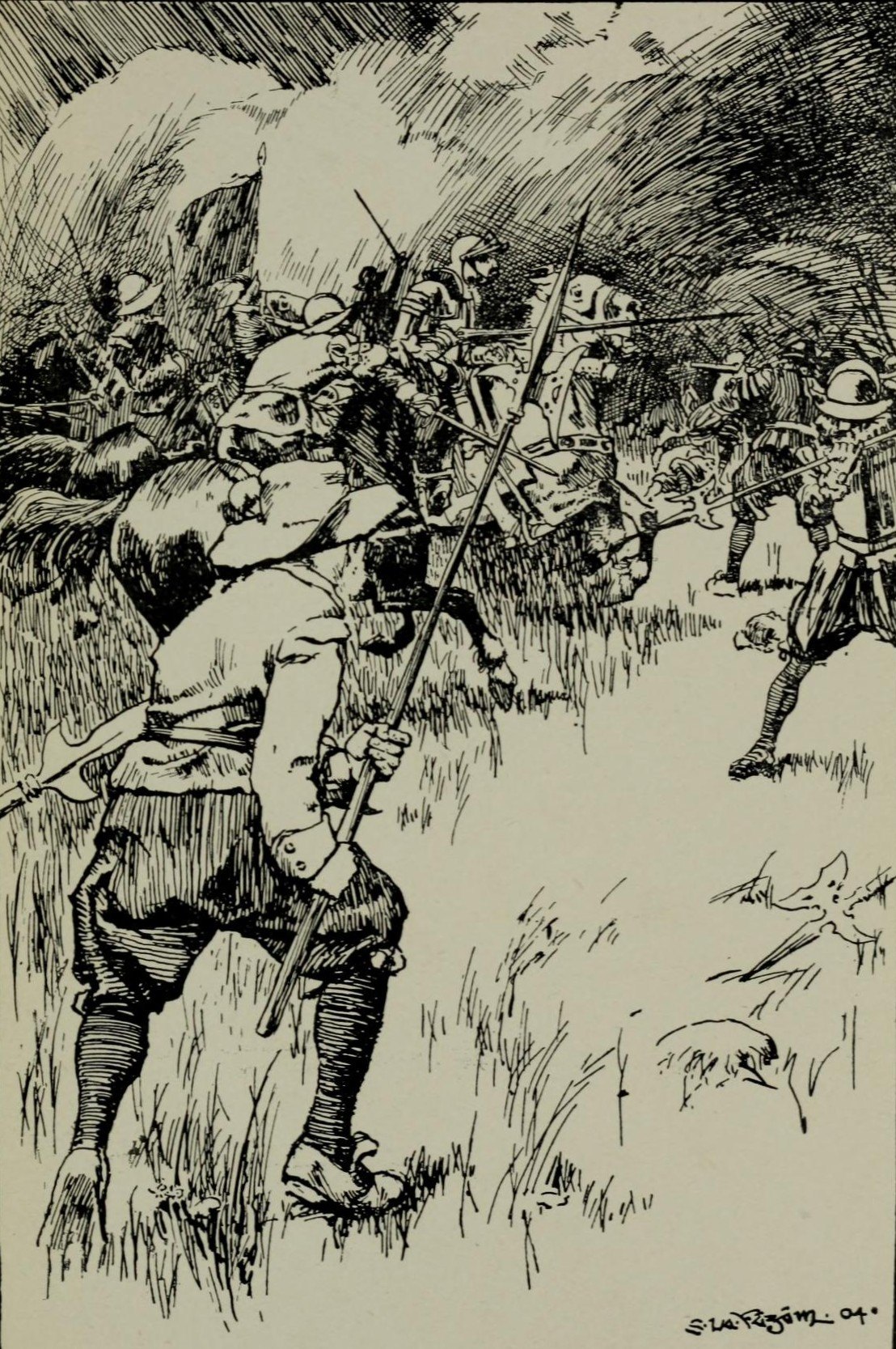 Rysunek piórkiem: irlandzki żołnierz widziany od tyłu, w luźnej koszuli i spodniach, ściska długą włócznię i patrzy, jak opancerzeni angielscy pikinierzy i muszkieterowie pod sztandarem przedzierają się przez dym i wysoką trawę