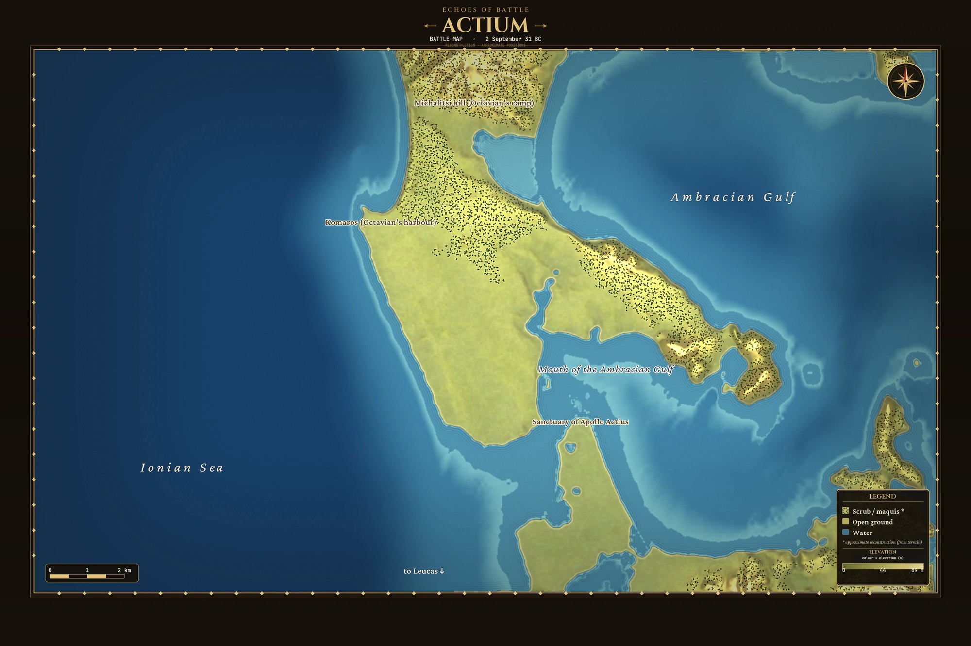 Terrain and sea-depth map of the entrance to the Ambracian Gulf: the Ionian Sea to the west, the gulf to the east, Michalitsi hill with Octavian's camp and Komaros, Octavian's harbour, on the northern peninsula, and the Sanctuary of Apollo Actius on the southern cape