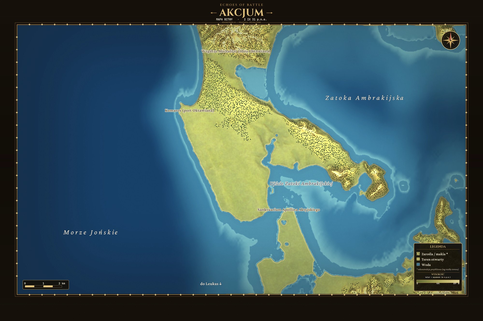 Mapa terenu i głębokości wejścia do Zatoki Ambrakijskiej: Morze Jońskie na zachodzie, zatoka na wschodzie, wzgórze Michalitsi z obozem Oktawiana i Komaros, port Oktawiana, na północnym półwyspie oraz Sanktuarium Apollina Aktyjskiego na południowym cyplu