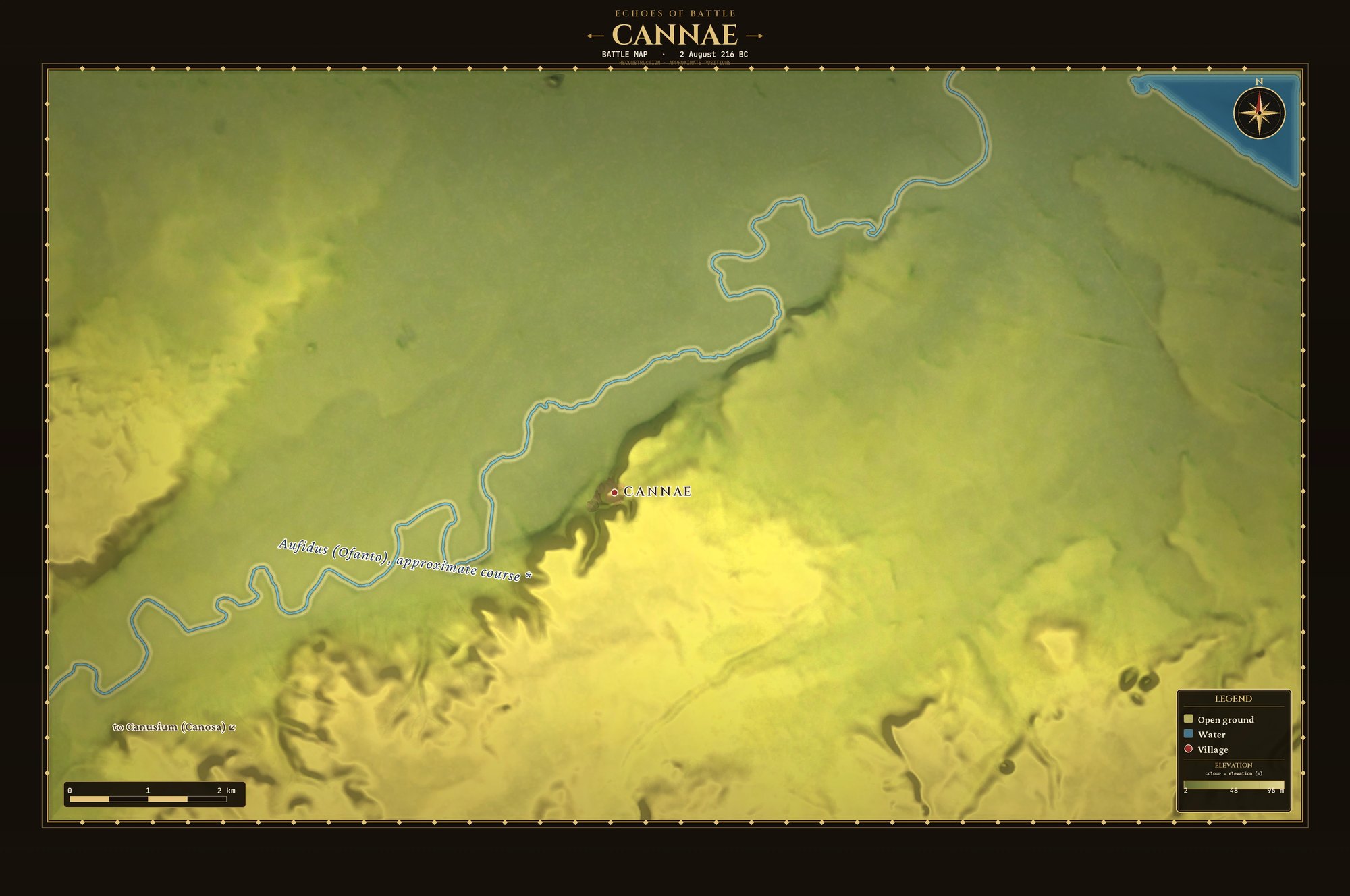 Terrain map of Cannae: the winding Aufidus (Ofanto) river crossing a broad, flat valley, the hill town of Cannae on the low ridge south of the river, the coast in the far north-east corner and the road toward Canusium (Canosa) to the south-west