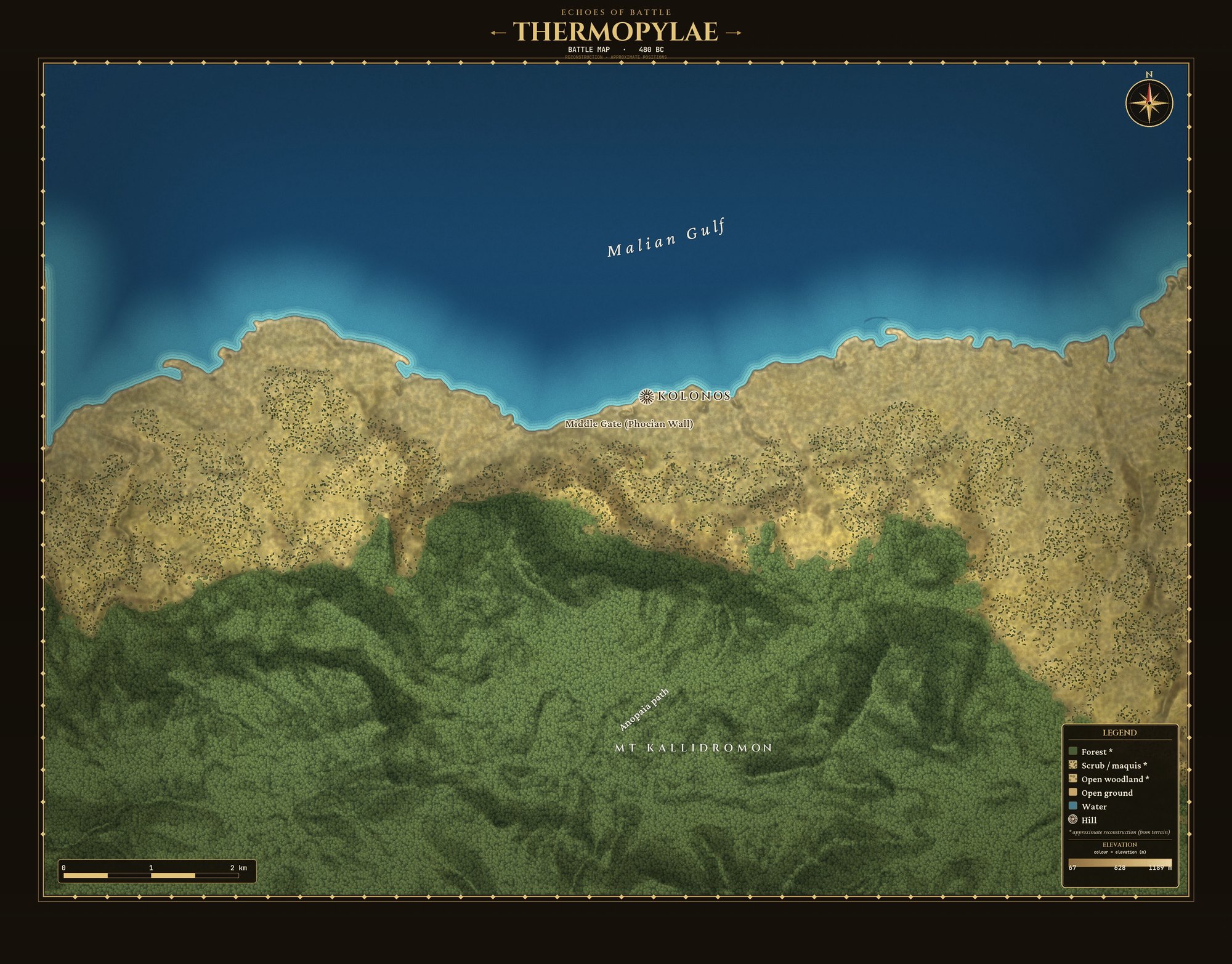 Terrain map of Thermopylae: the ancient shoreline of the Malian Gulf, a narrow strip of coast below the forested slopes of Mount Kallidromon, the Middle Gate at the Phocian Wall, Kolonos hill and the Anopaia path over the mountain