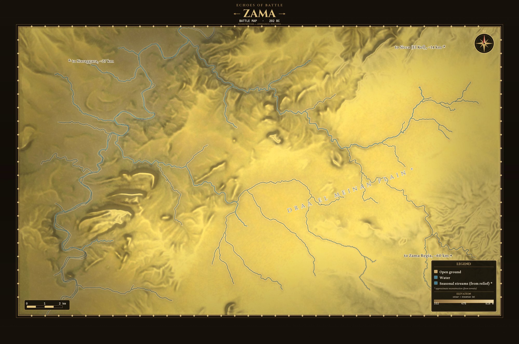 Terrain map of the probable battlefield of Zama: the open Draa el Meinan plain crossed by seasonal stream beds, broken hills to the west and north, and the directions to Naraggara, Sicca (El Kef) and Zama Regia