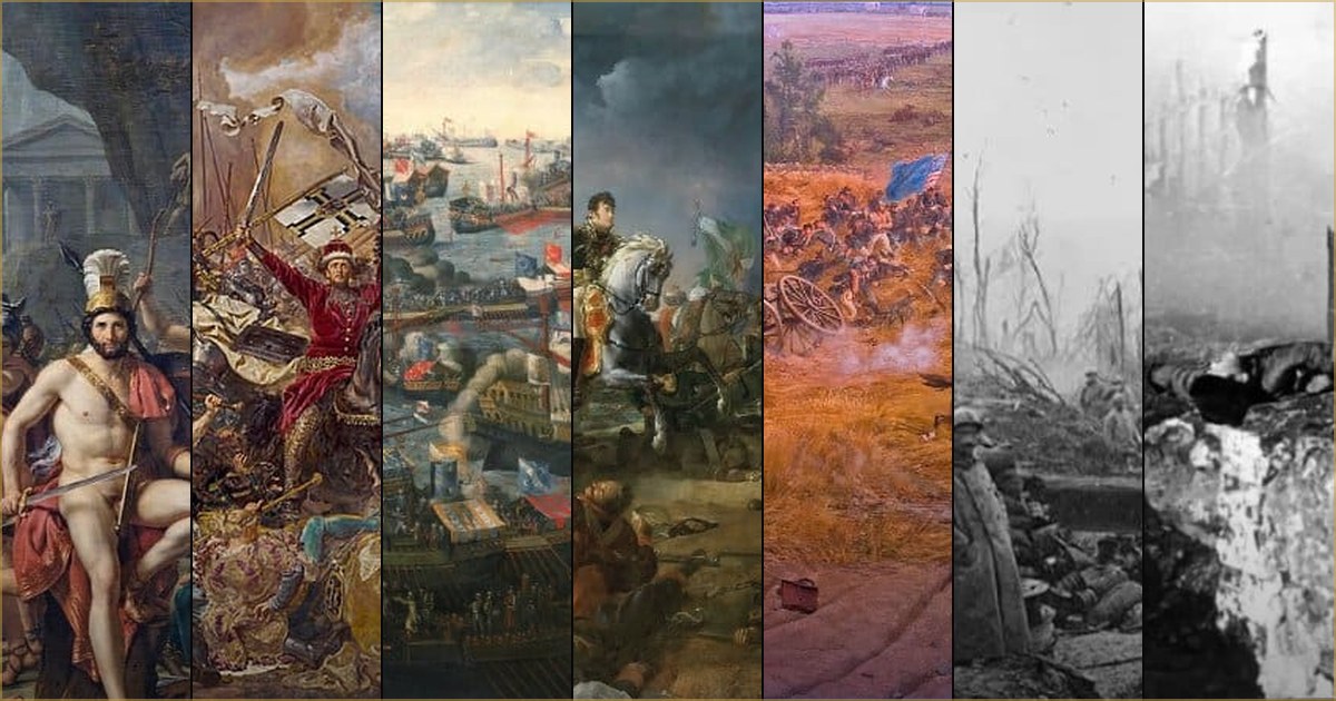 A collage of history's greatest battles, from Thermopylae to Berlin